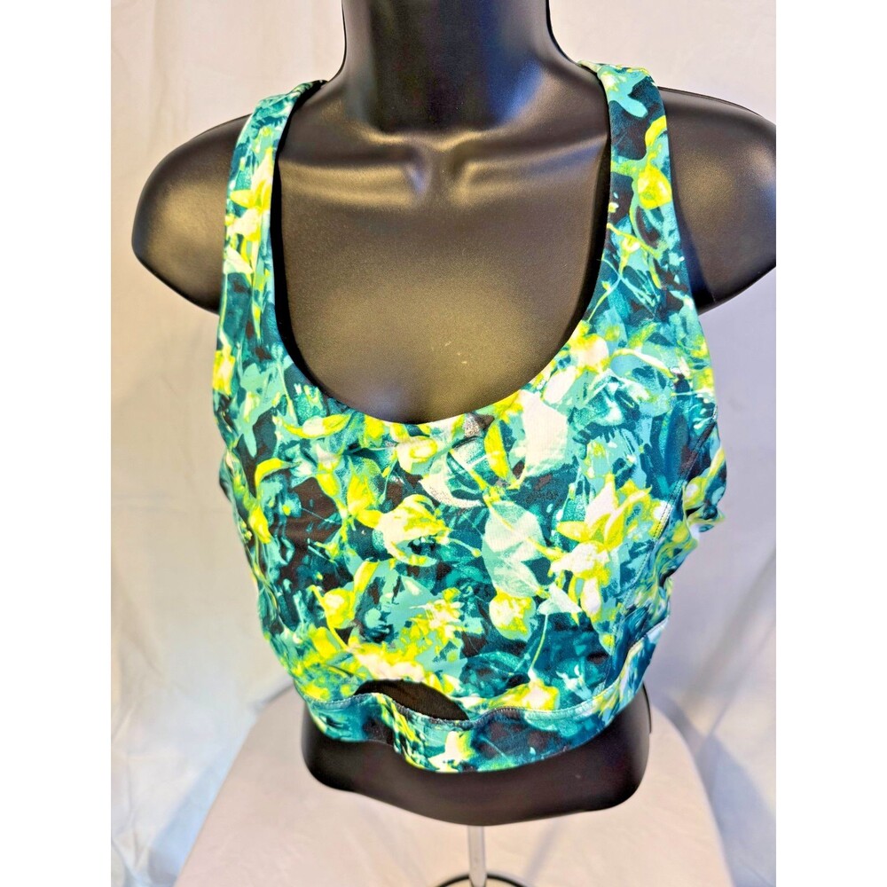 Women's 2X Bra Sports Top Green Floral Sporty Coastal Workout Gym Running Boho